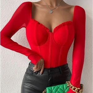 Sweetheart Neckline Frill Bustier Mesh Bodysuit